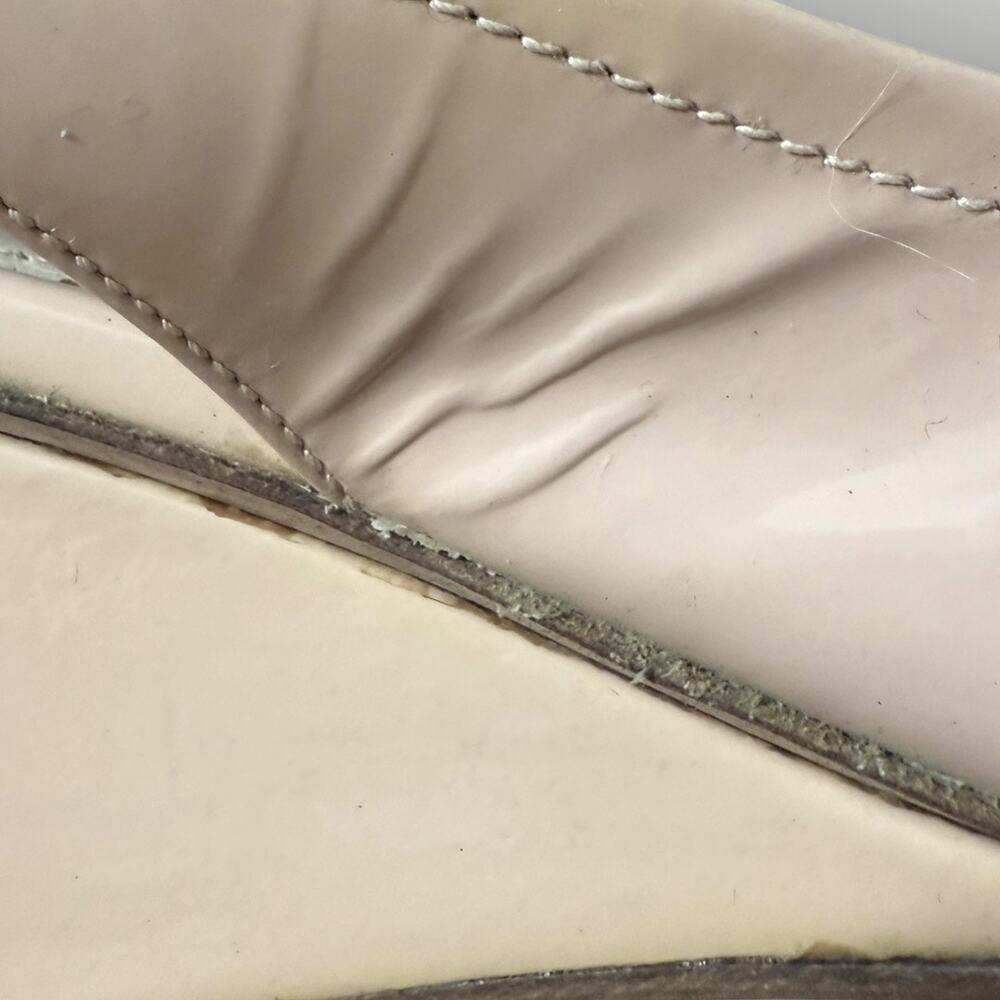Prada Patent Leather Slingback Wedge Sandals Bow Peep Toe Nude Pink Size 37.5 - Picture 6 of 16
